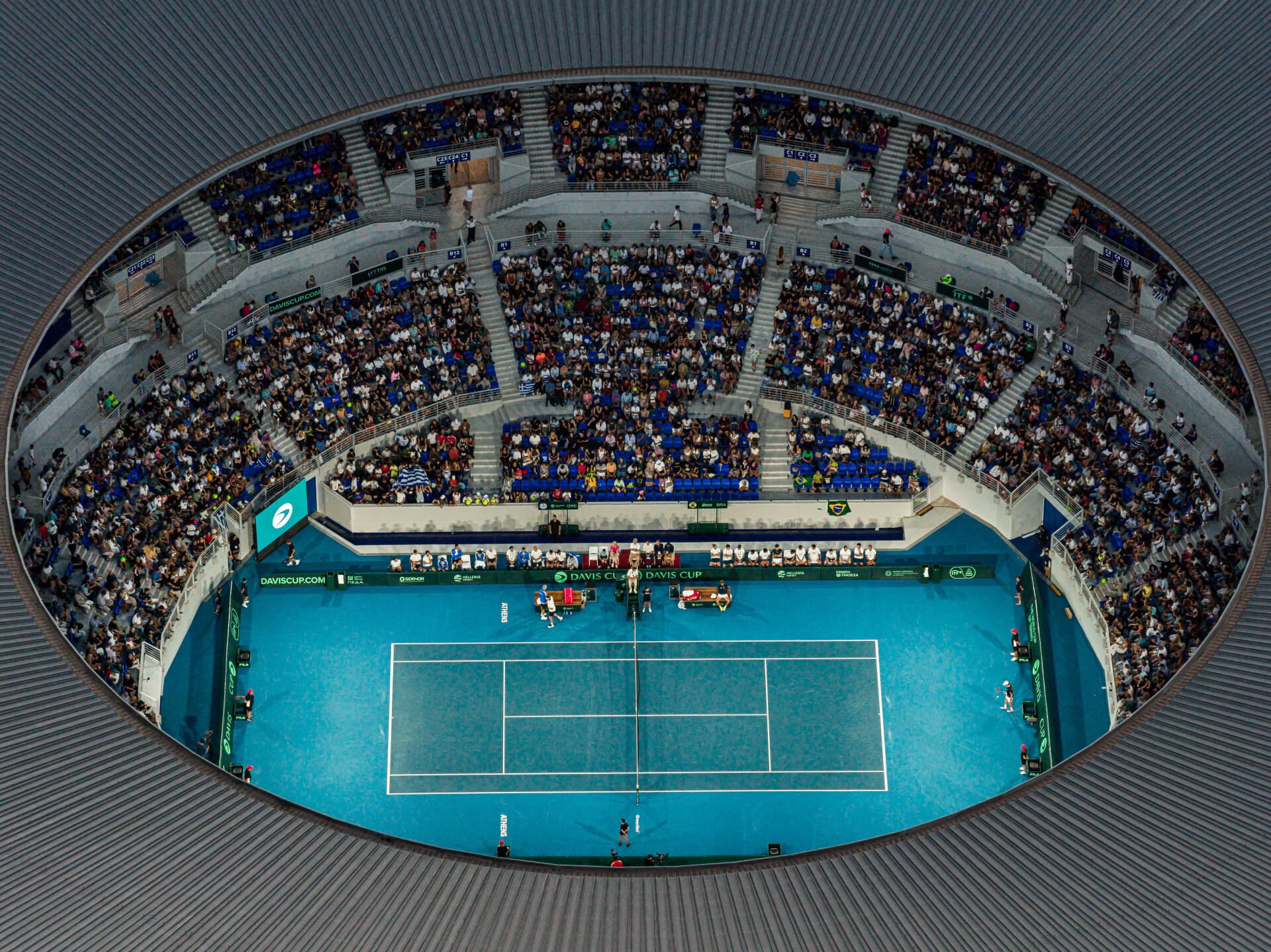Davis Cup at OAKA, 14 September 2025 — wide view of Centre Court and crowd during the tie.