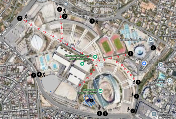 OAKA access map: public entrances, parking areas and walking routes to Stadion Sports Center